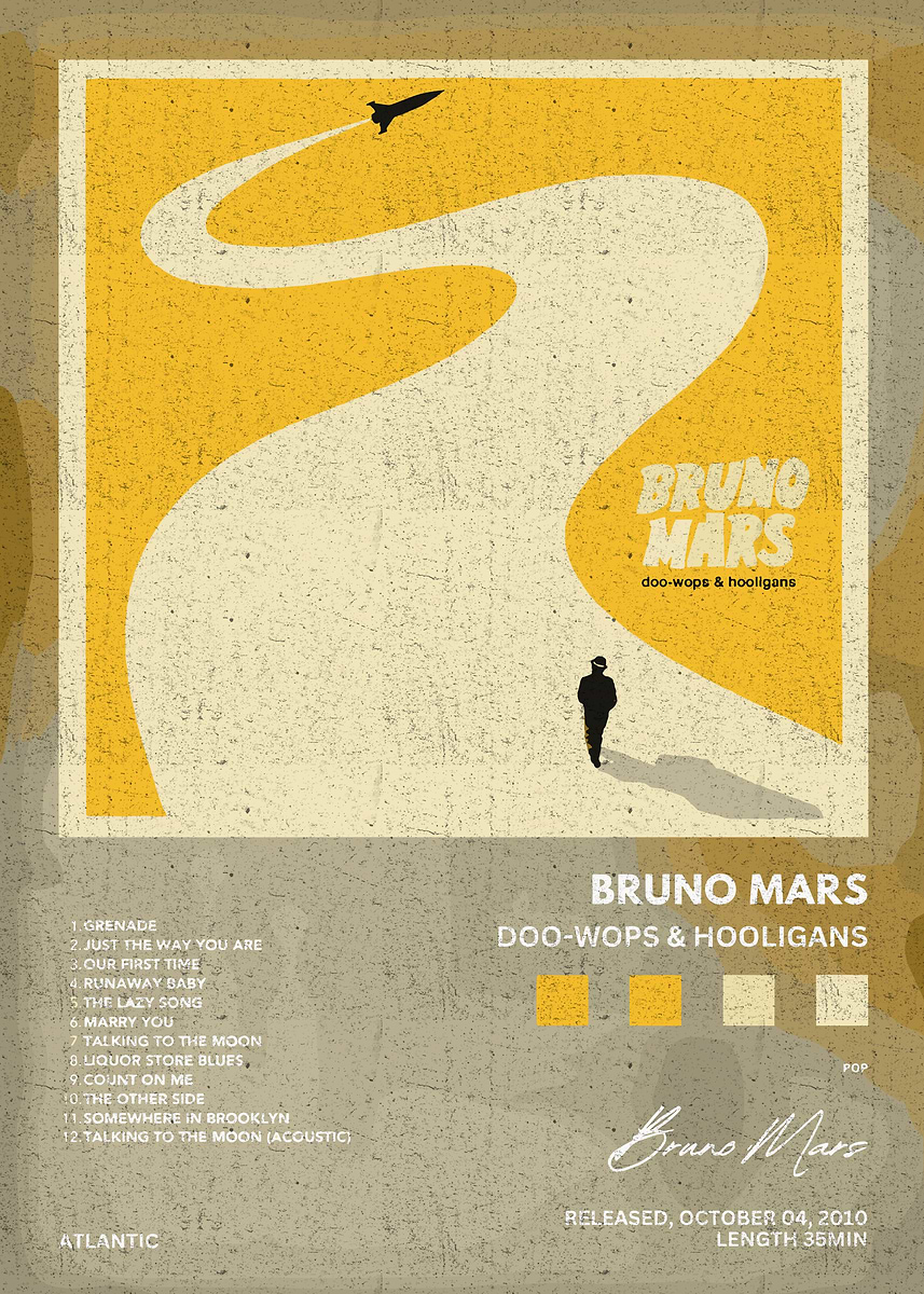 Bruno Mars Doo-Wops & Hooligans Album Art' Poster, picture, metal