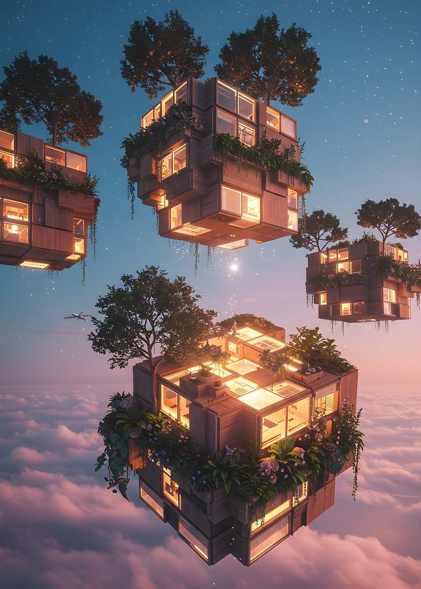Cube Floating Building 'Floating Cube Houses in the Sky' Poster, picture, metal print, paint ...