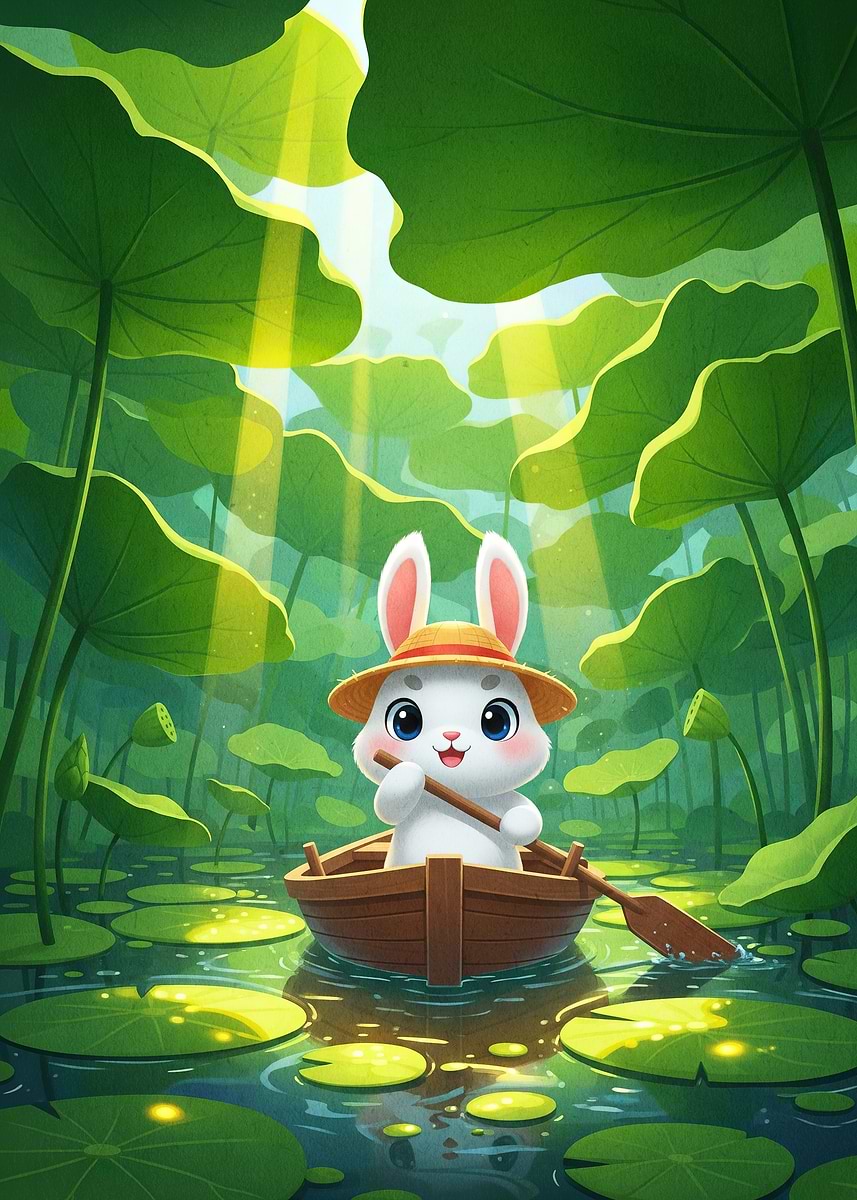 'Cute Rabbit Boat Lotus ' Poster, picture, metal print, paint by Lacy ...