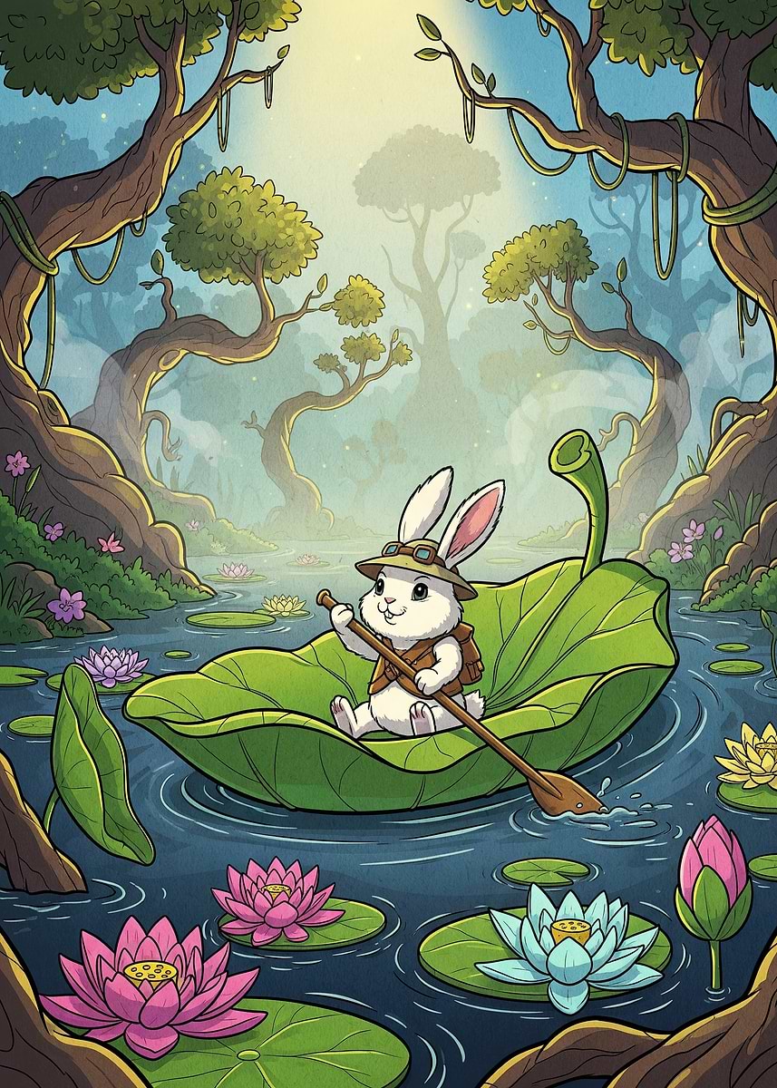 'Rabbit Rowing Lily Pad' Poster, picture, metal print, paint by Mitzi ...