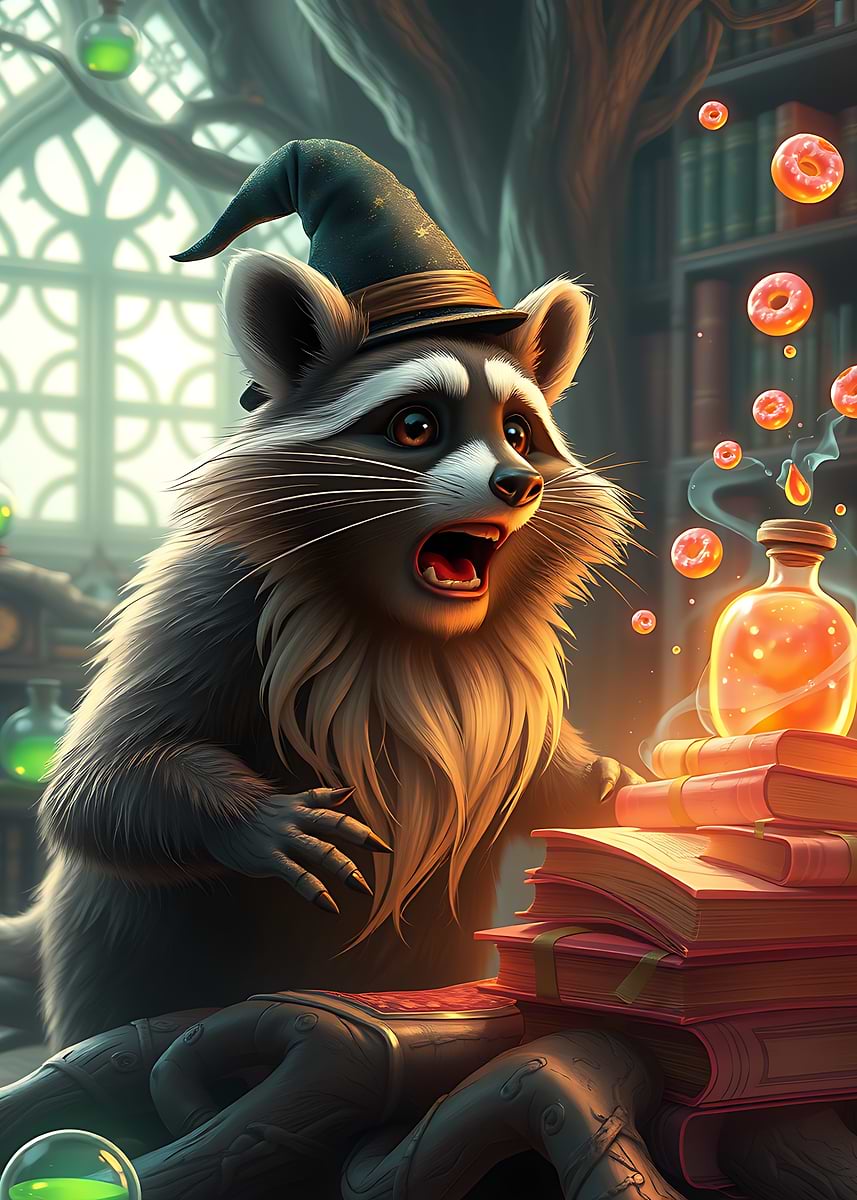 'Surprised Raccoon Wizard with Donuts' Poster, picture, metal print ...