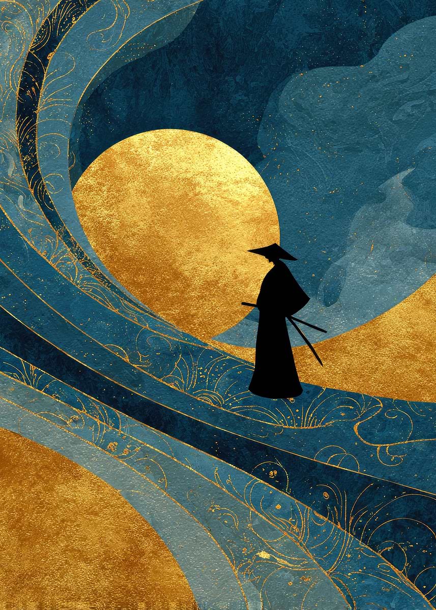 'Samurai Silhouette with Golden Moon' Poster, picture, metal print ...