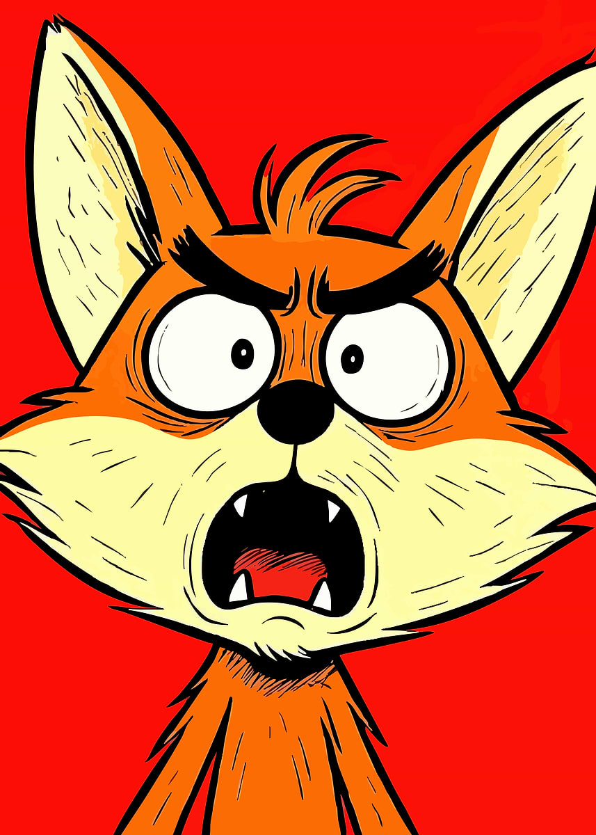 Angry Cartoon Fox on Red Background' Poster, picture, metal print