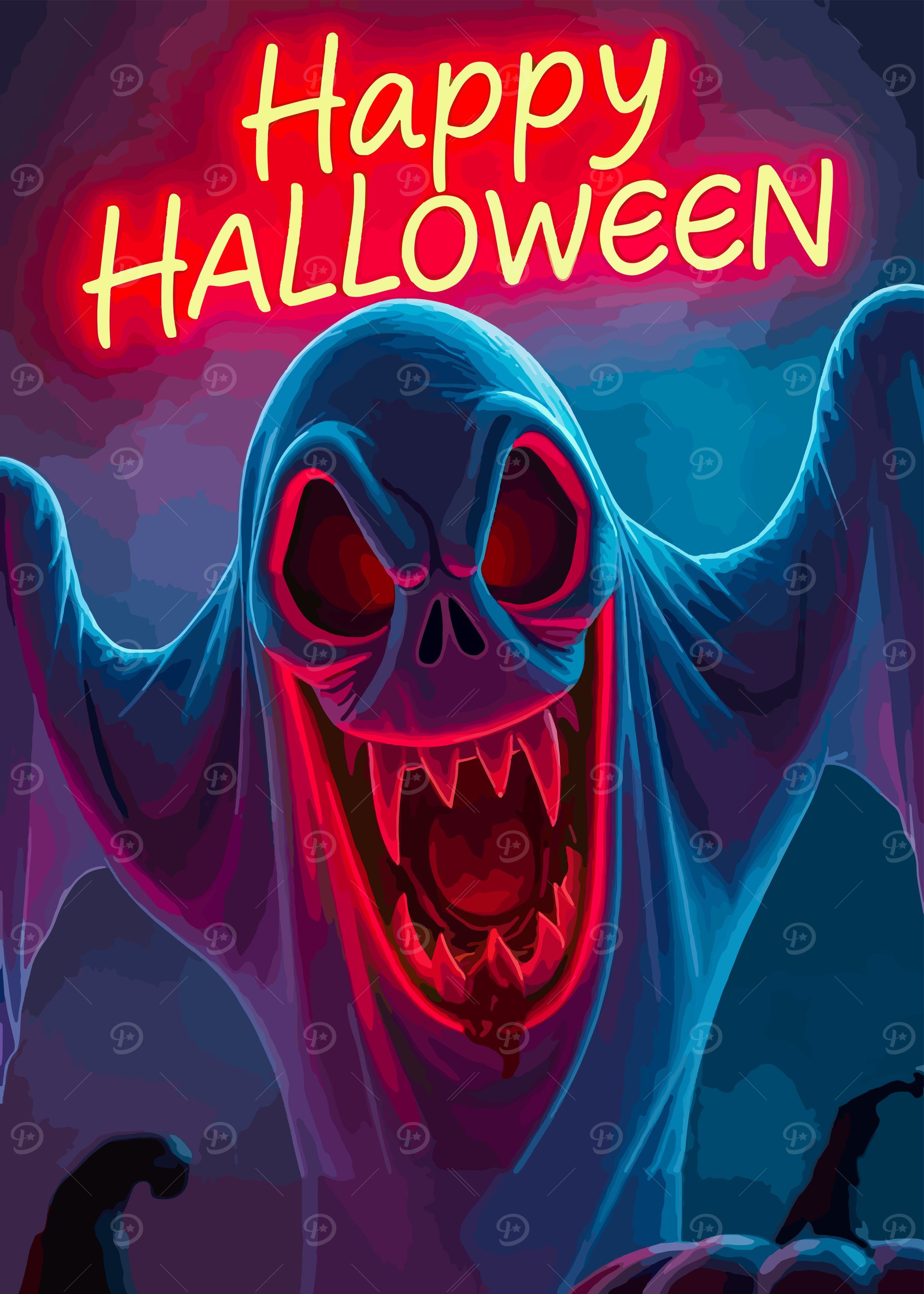 Positive Ghost 'Happy Halloween Ghost Cartoon Illustration' Poster, picture, metal ...