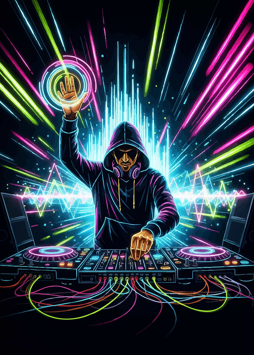 Neon DJ Mixing Music' Poster, picture, metal print, paint by Lacy