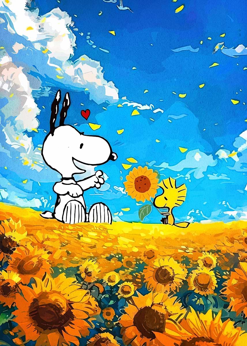 Snoopy and Woodstock in Sunflower Field' Poster, picture, metal