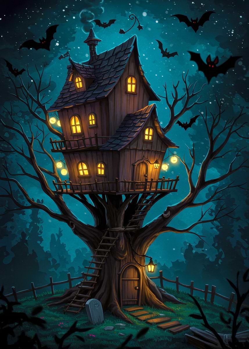 Spooky Treehouse 'Spooky Treehouse Halloween Night' Poster, picture, metal print, paint ...
