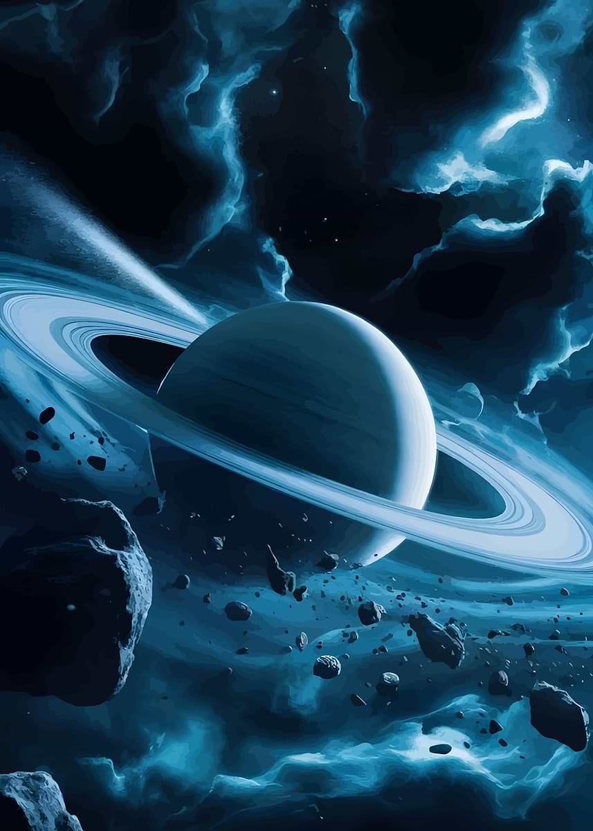 'Blue Planet with Rings in Space' Poster, picture, metal print, paint ...