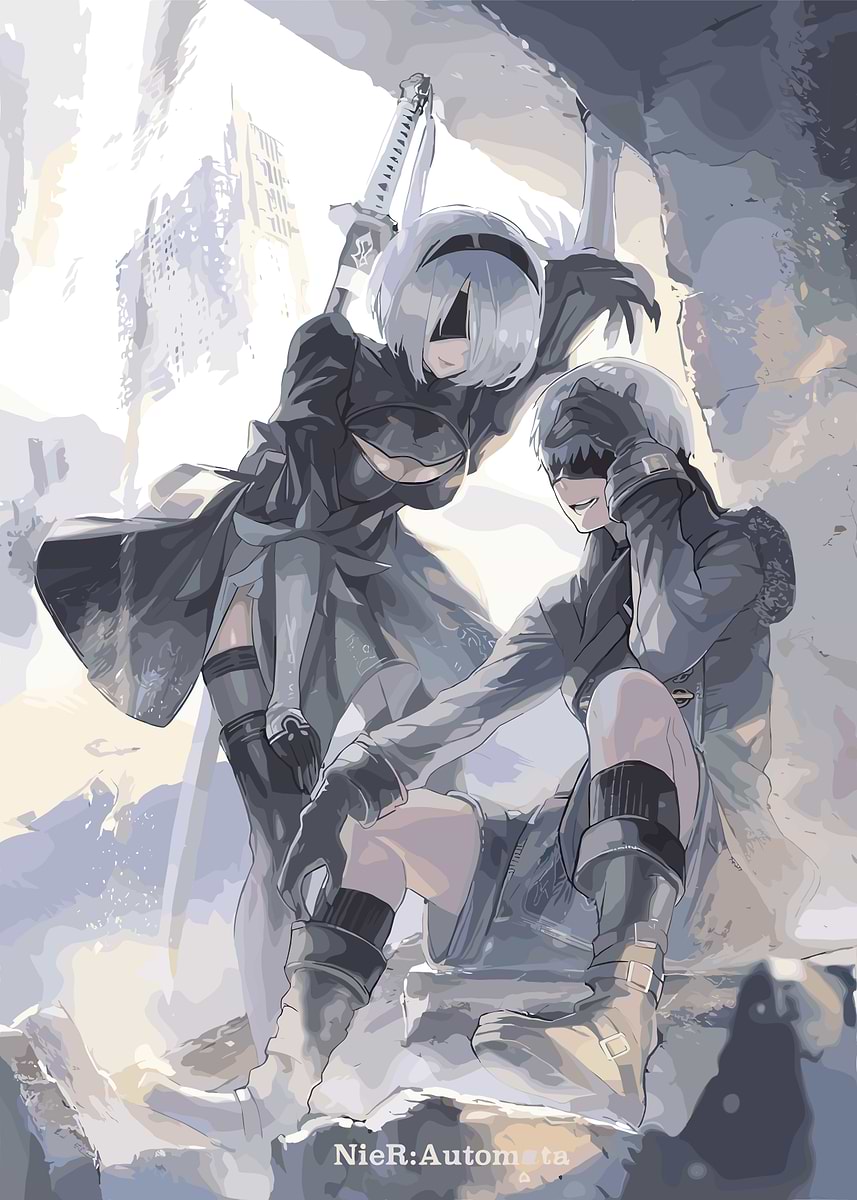 NieR: Automata 2B and 9S Illustration' Poster, picture, metal