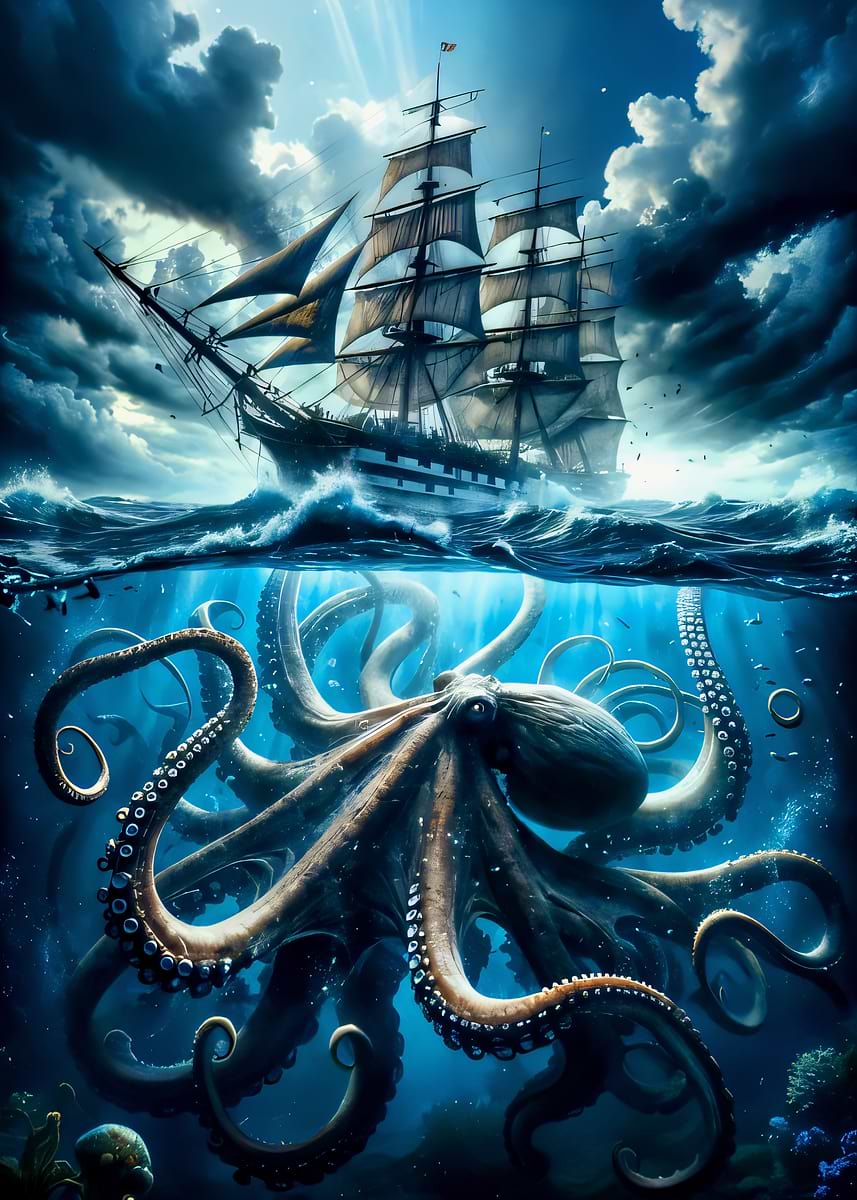 'Ship and Octopus in the Ocean' Poster, picture, metal print, paint by ...