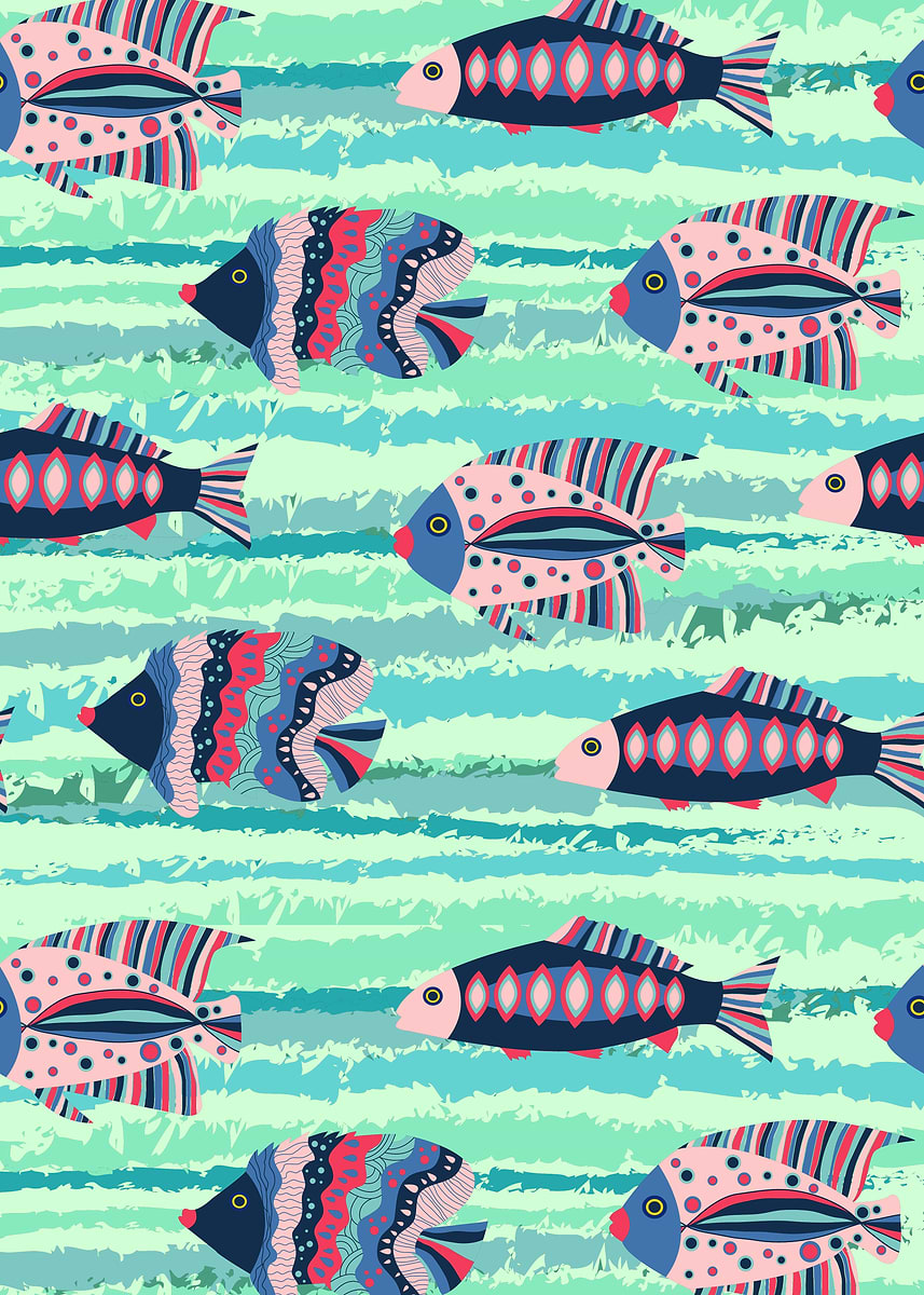 'Colorful Fish Pattern on Striped Background' Poster, picture, metal ...