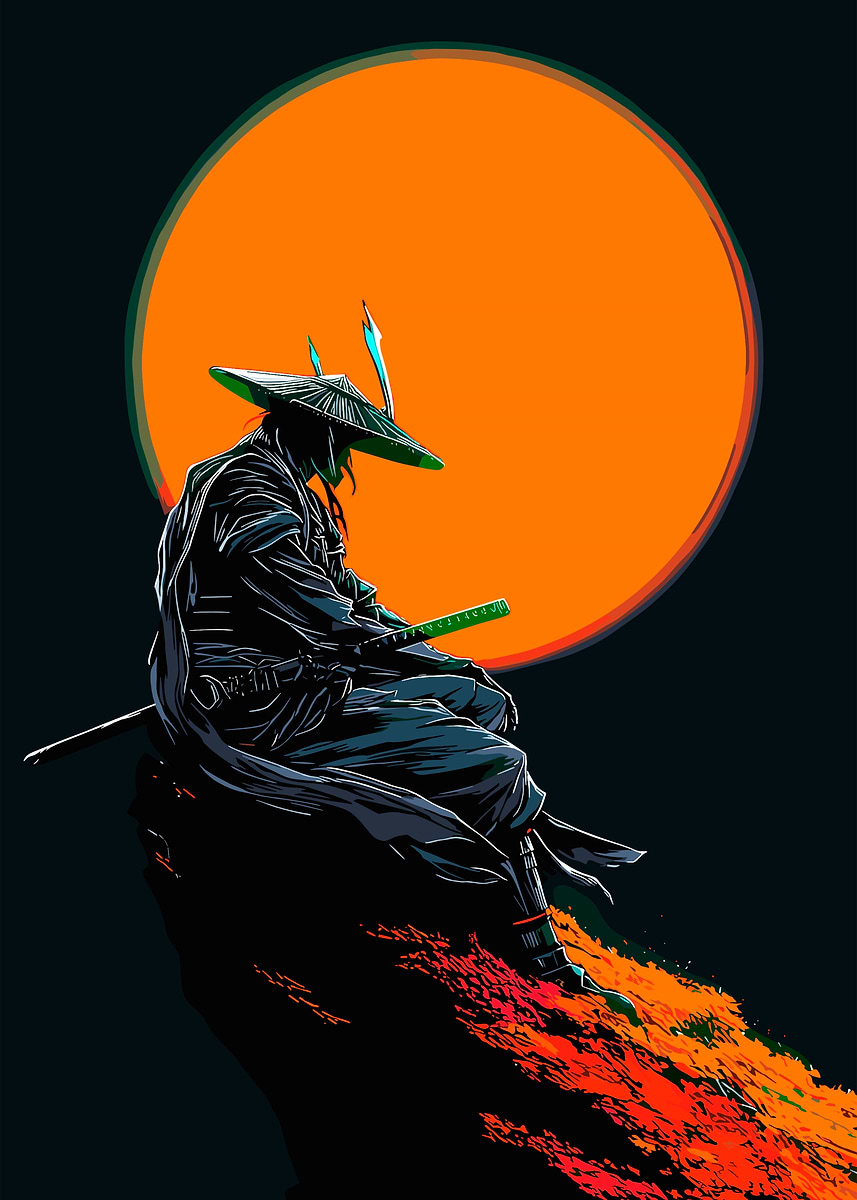 'Samurai Warrior with Orange Moon' Poster, picture, metal print, paint ...