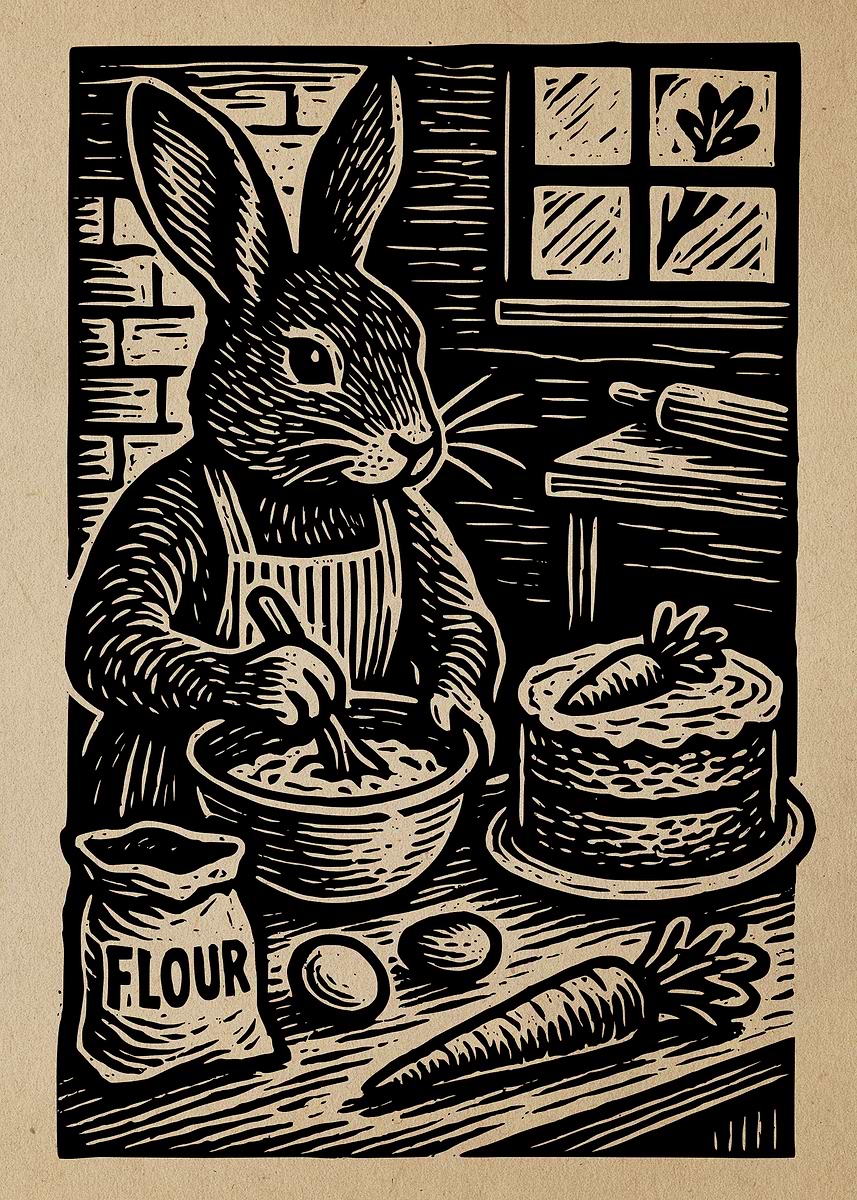 'Rabbit Baker Woodcut Illustration' Poster, picture, metal print, paint ...
