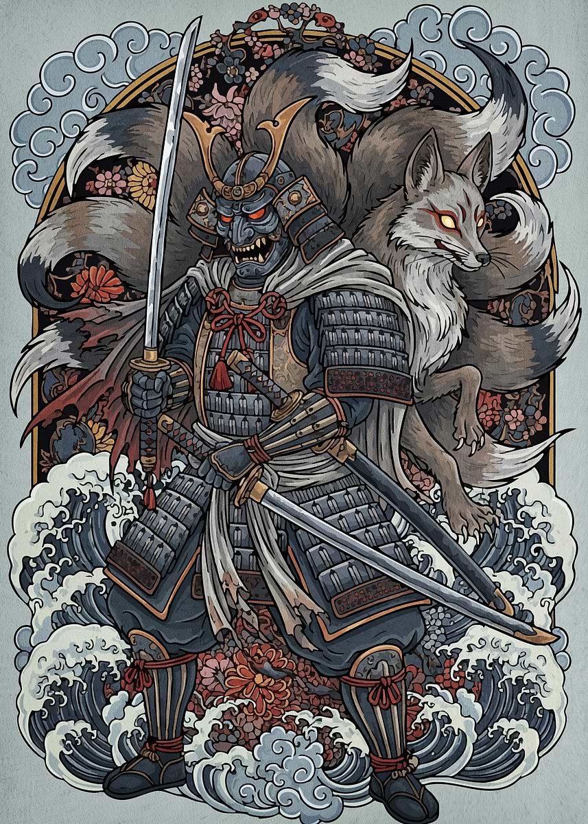 Samurai Warrior Nine-Tailed Fox' Poster, picture, metal print