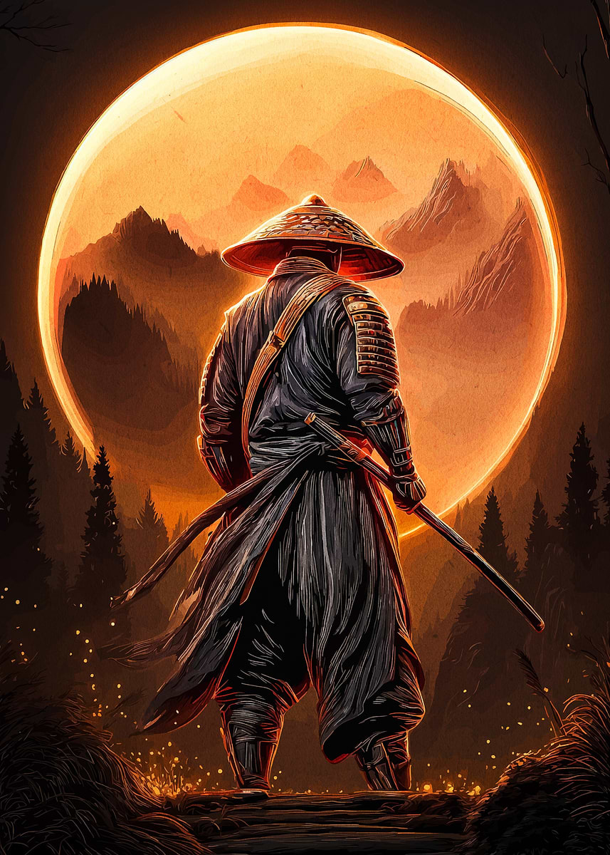 'Samurai Warrior with Moon Background' Poster, picture, metal print ...