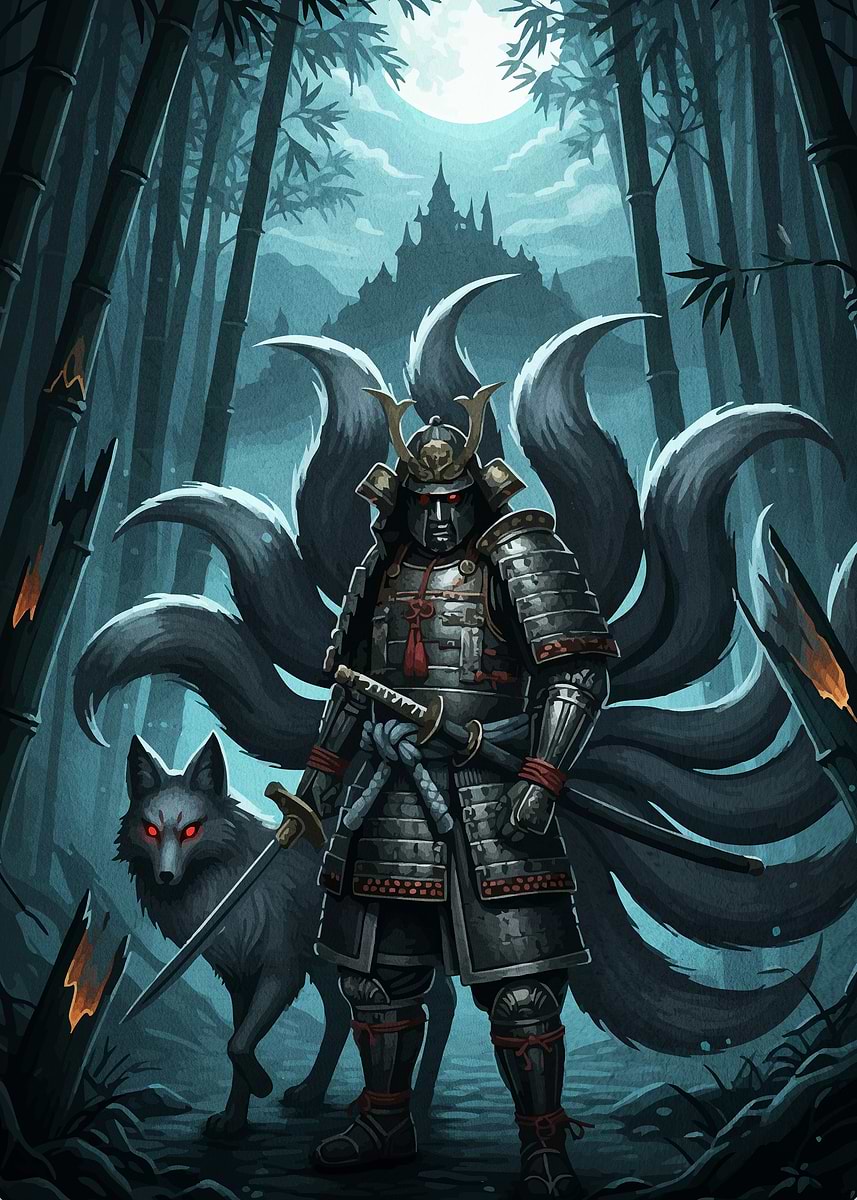 Samurai Nine-Tailed Fox Companion' Poster, picture, metal print