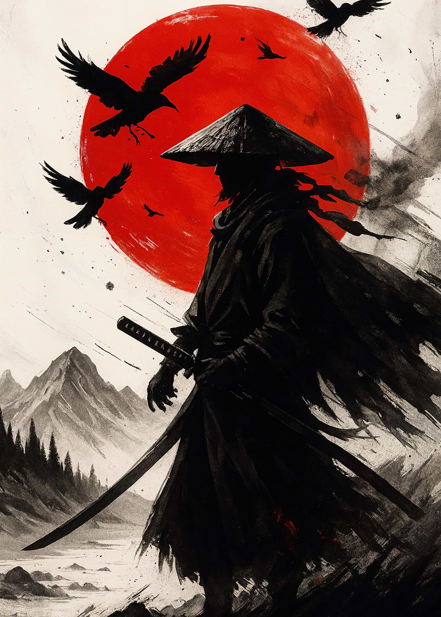Samurai with Crows and Red Sun' Poster, picture, metal print