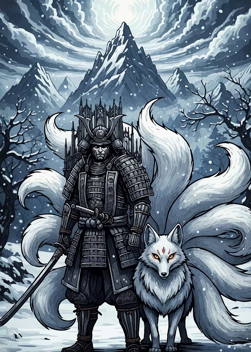ポスター akimaninov Samurai Nine-Tailed Fox Snow' Poster, picture, metal print, paint