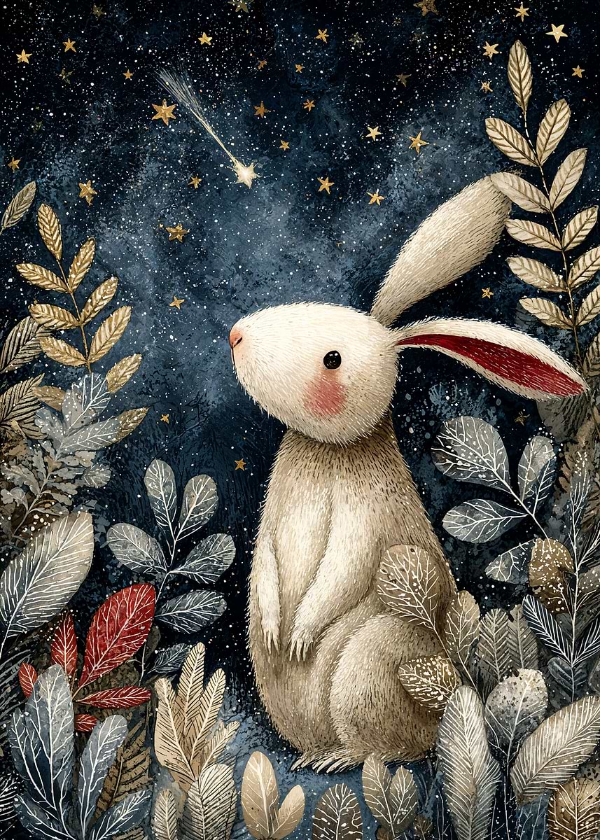 'Rabbit under starry night illustration' Poster, picture, metal print ...