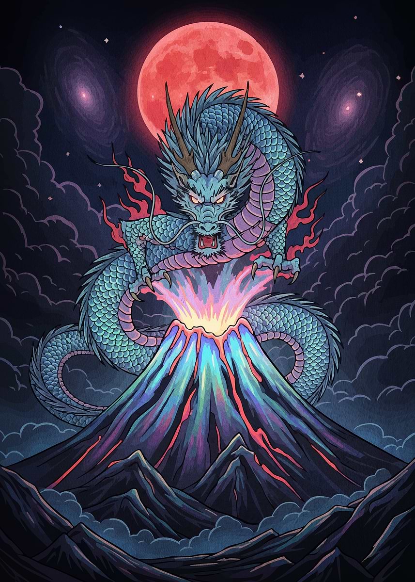 Volcano Exploding Dragon 'Dragon erupting volcano red moon' Poster, picture, metal print, paint ...