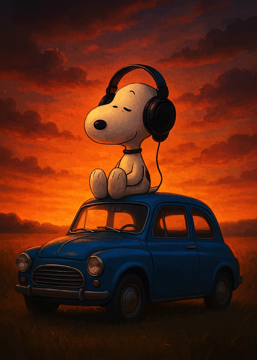 Snoopy on Car with Headphones' Poster, picture, metal print, paint