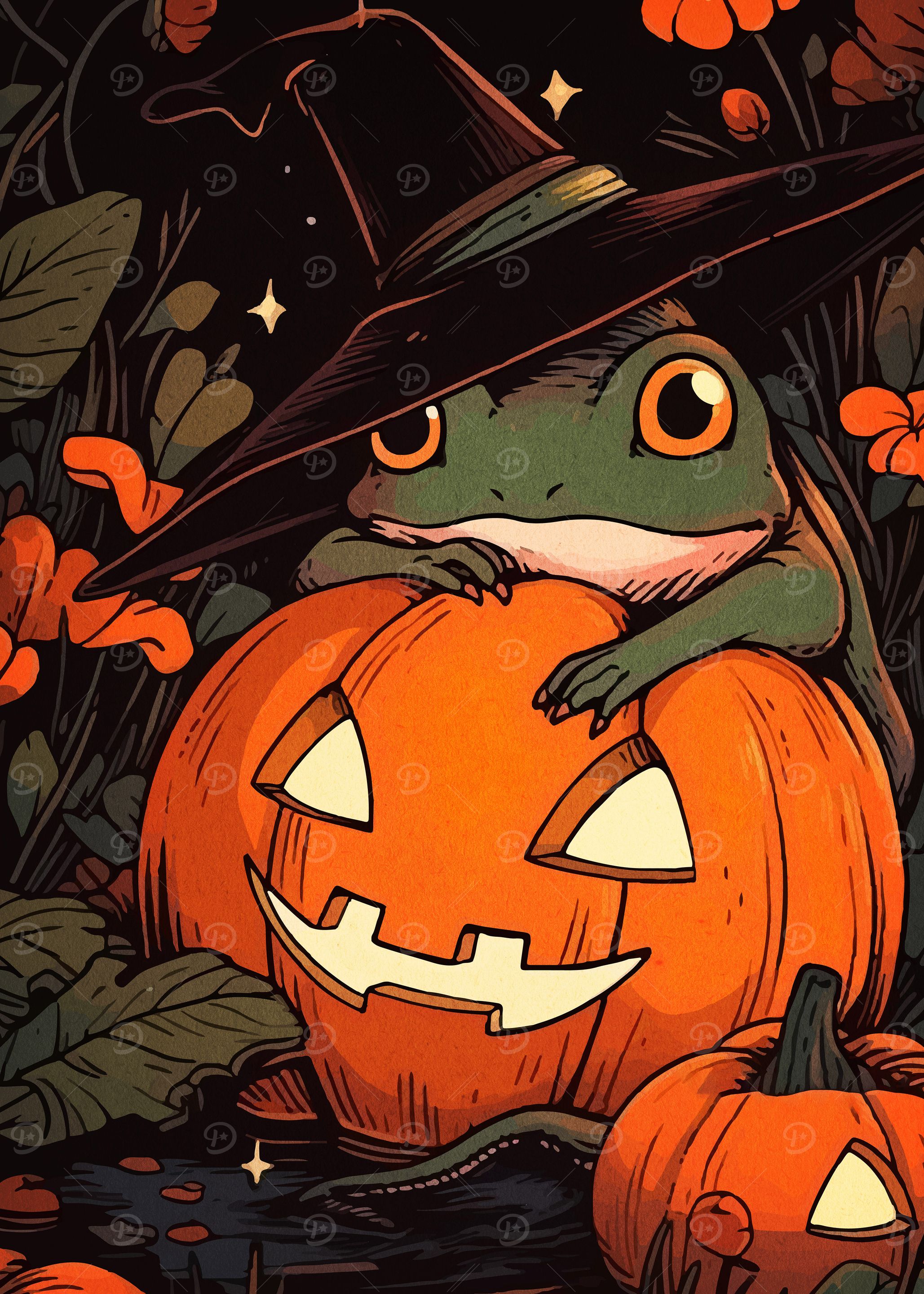 Frog Witch on Pumpkin Halloween Art' Poster, picture, metal print