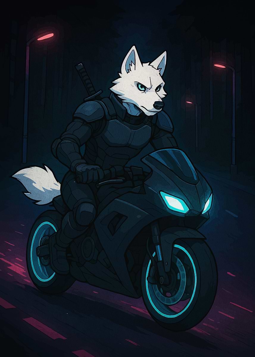'Wolf Rider on Motorcycle at Night' Poster, picture, metal print, paint ...
