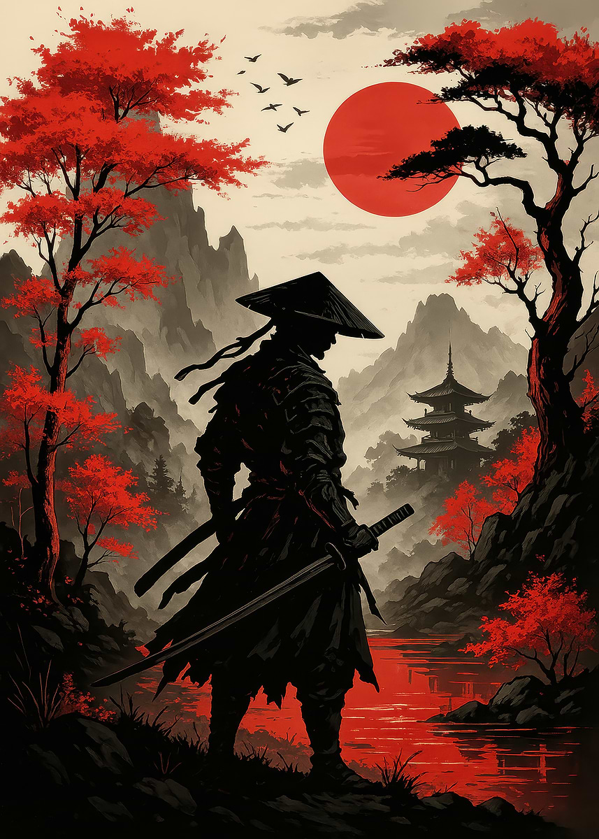 Samurai in Japanese Landscape' Poster, picture, metal print, paint