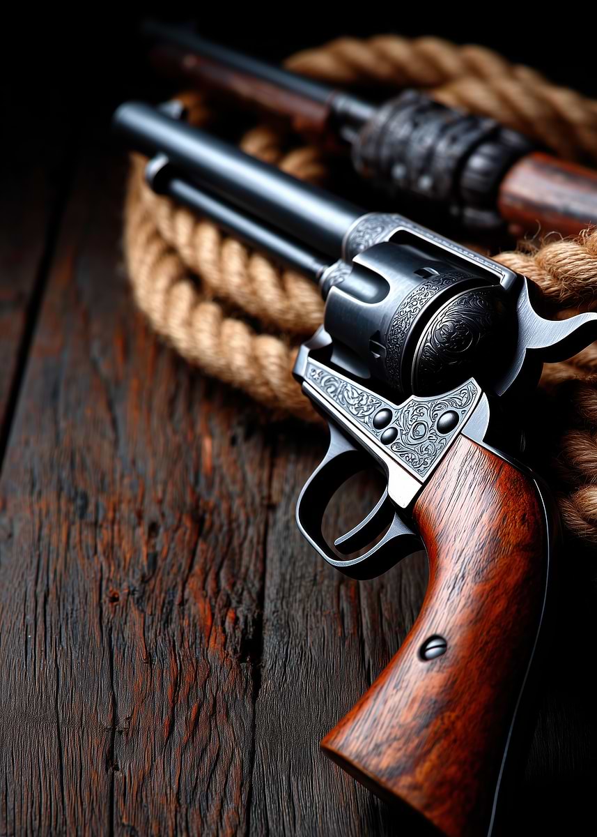 'Revolver and Rifle on Wooden Surface' Poster, picture, metal print ...