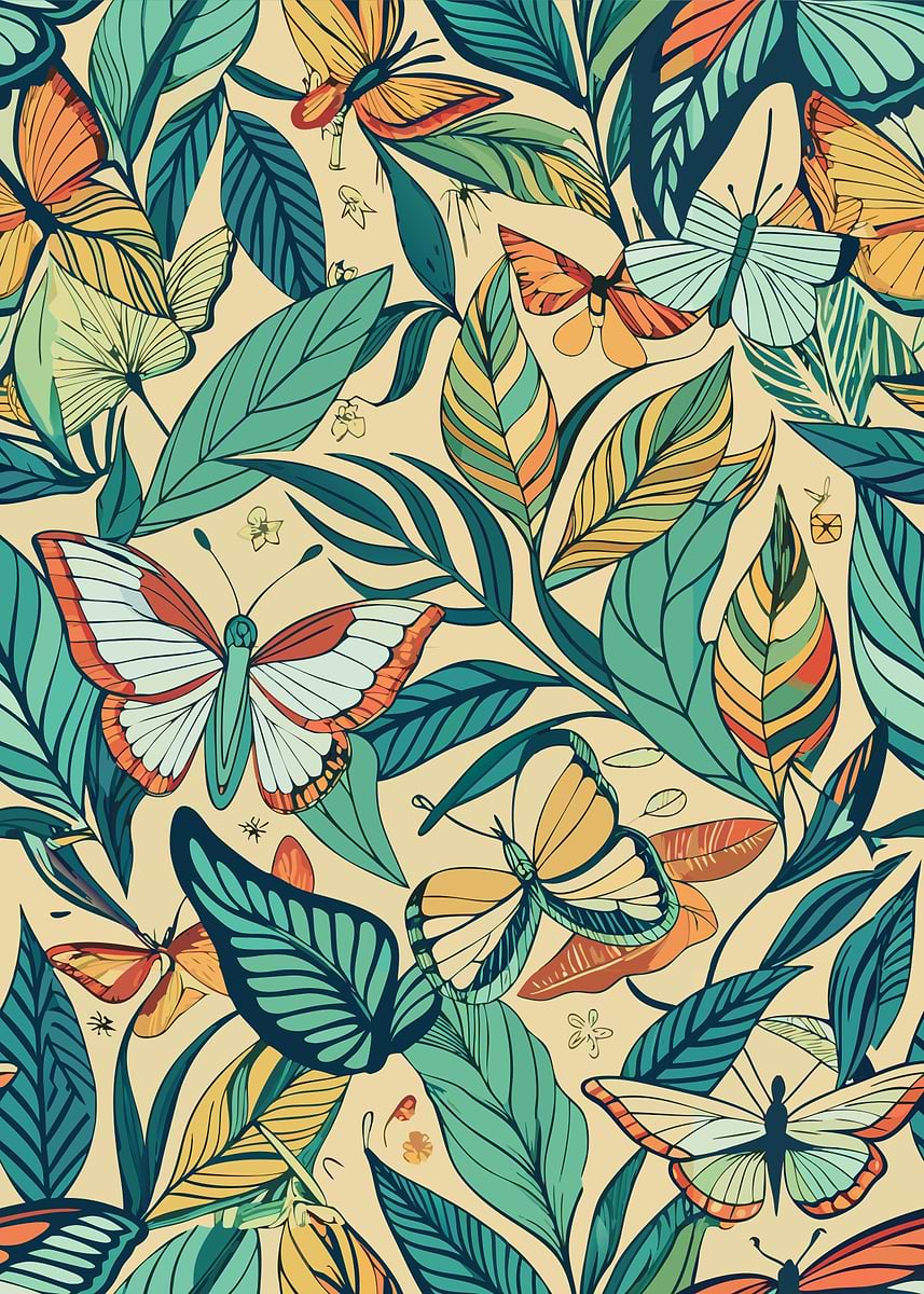 Pattern Flyleaf 'Butterfly and Leaf Pattern' Poster, picture, metal print, paint by ...