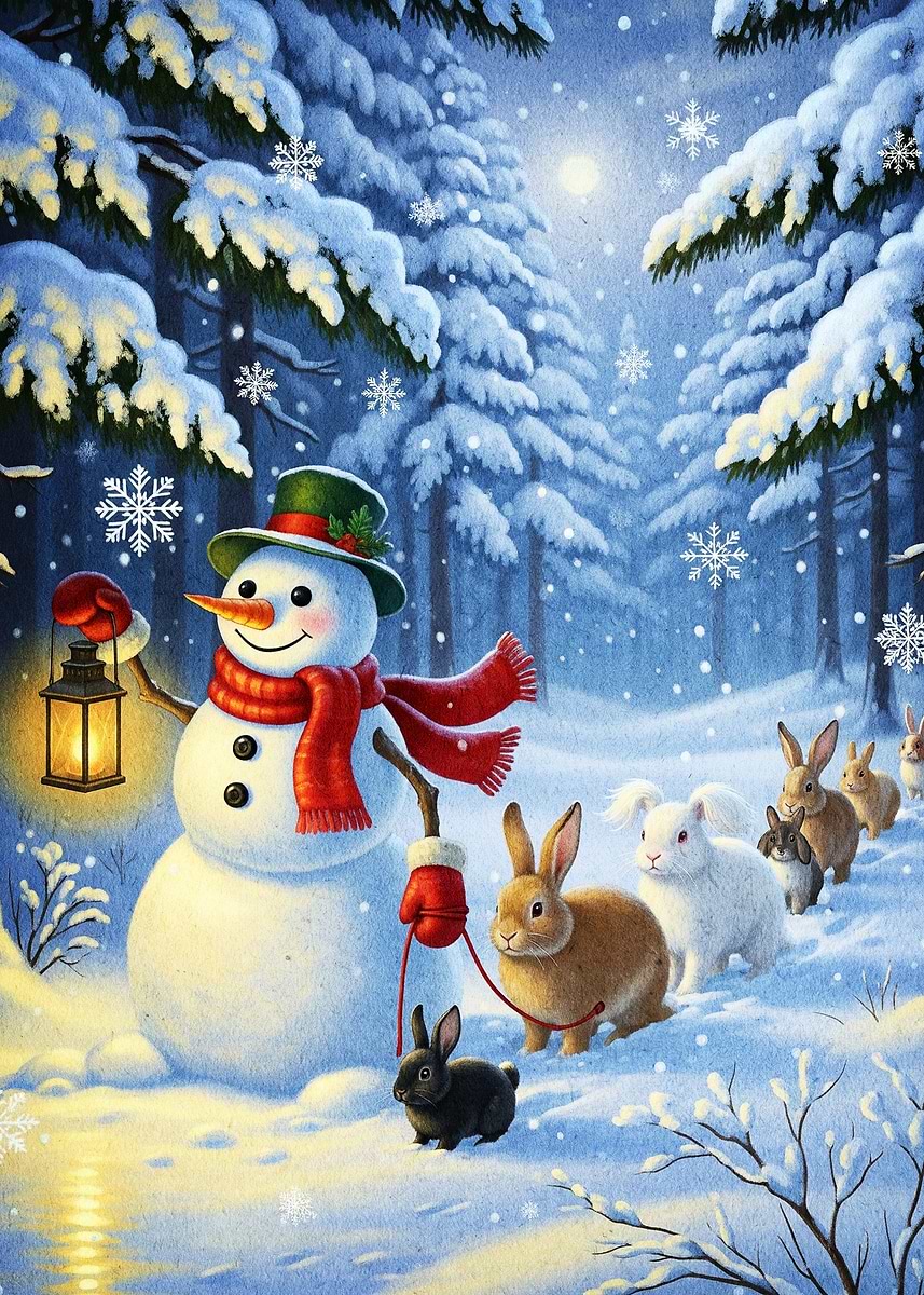 'Snowman Rabbits Winter ' Poster, picture, metal print, paint by ...