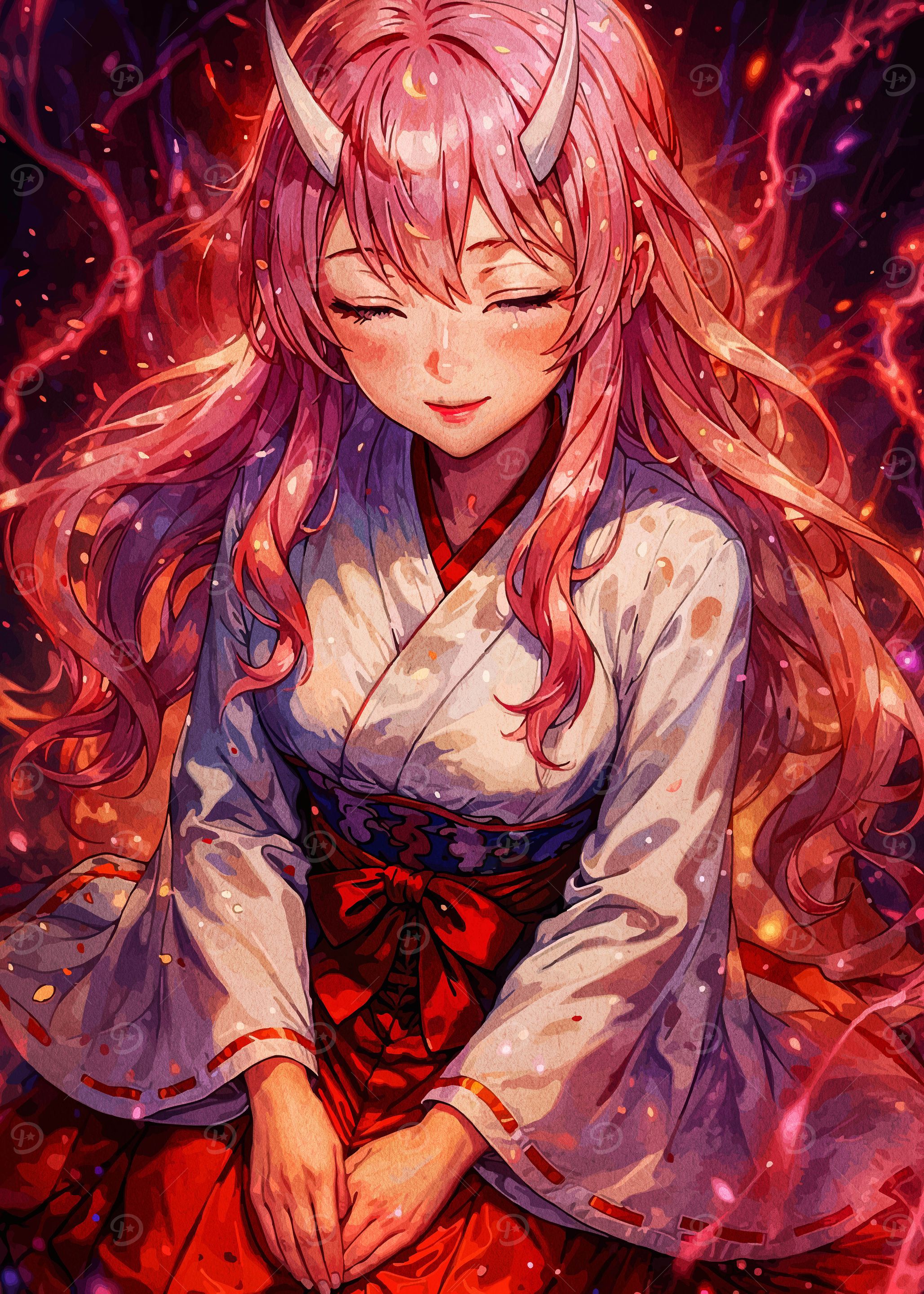 Anime Girl with Horns in Kimono' Poster, picture, metal print
