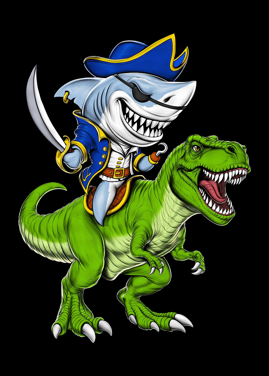 'Pirate Shark Riding a Dinosaur' Poster, picture, metal print, paint by ...