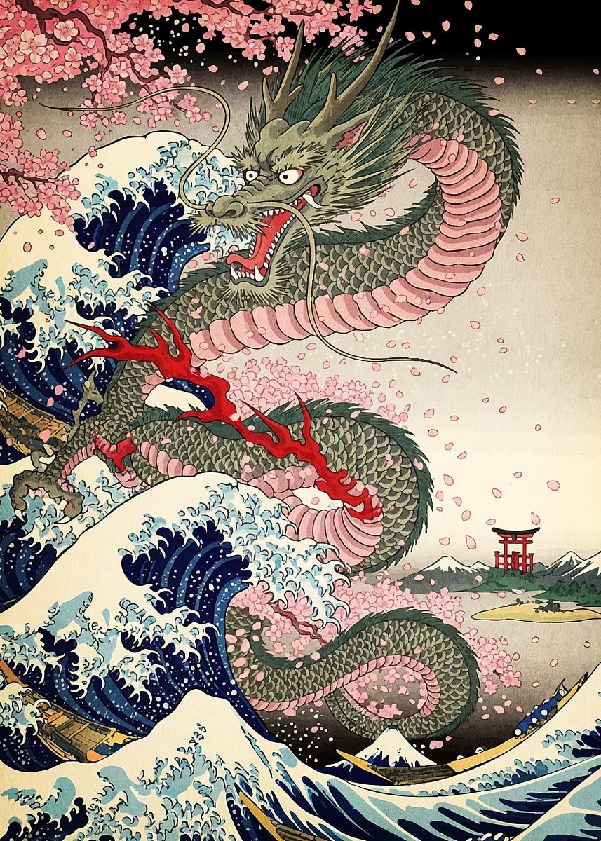 Japanese Dragon Cherry Blossoms Poster, Picture & Metal Print