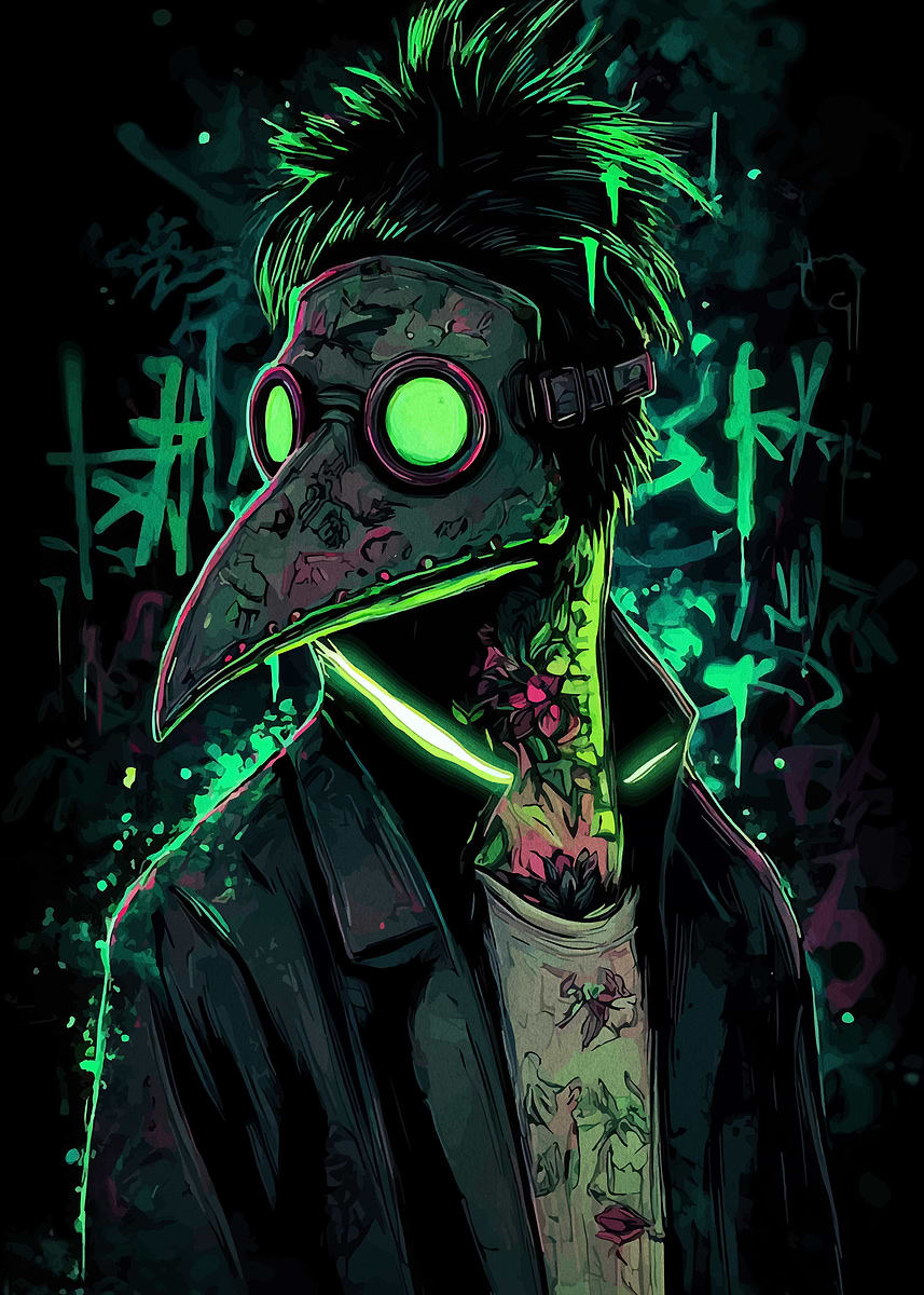 Neon Plague Doctor with Graffiti Background' Poster, picture