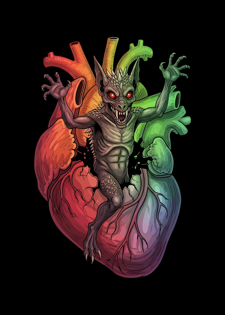 'Monster Emerging from Colorful Heart' Poster, picture, metal print ...