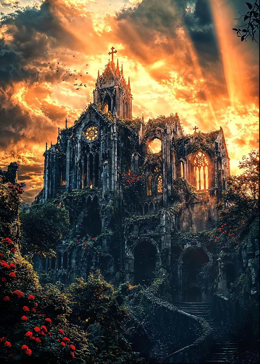 The Rose Cathedral — from the Forgotten Fantasy Realms collection, a Pixaverse metal print