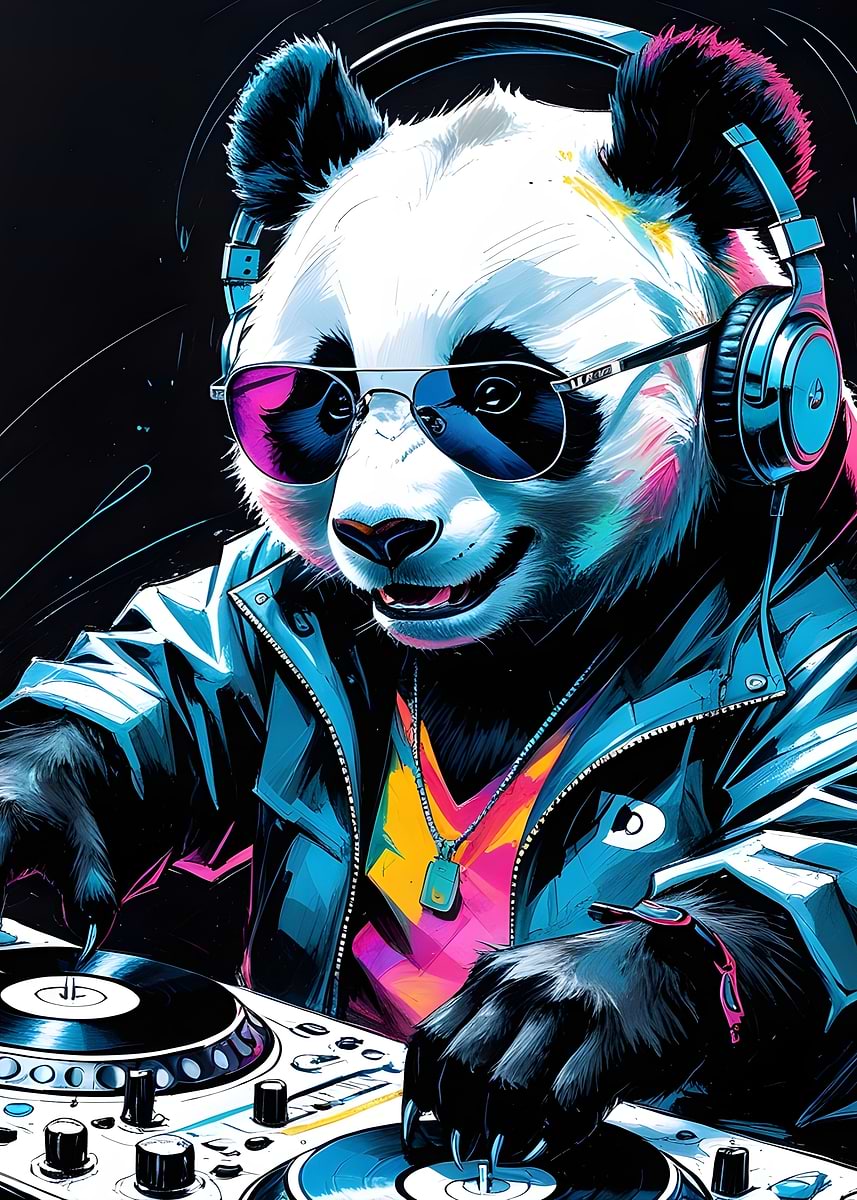 Panda DJ with Headphones and Turntable' Poster, picture, metal