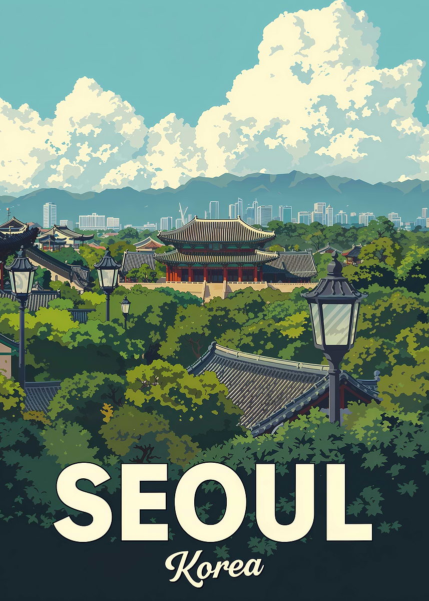 Seoul, Korea Travel Poster' Poster, picture, metal print, paint by