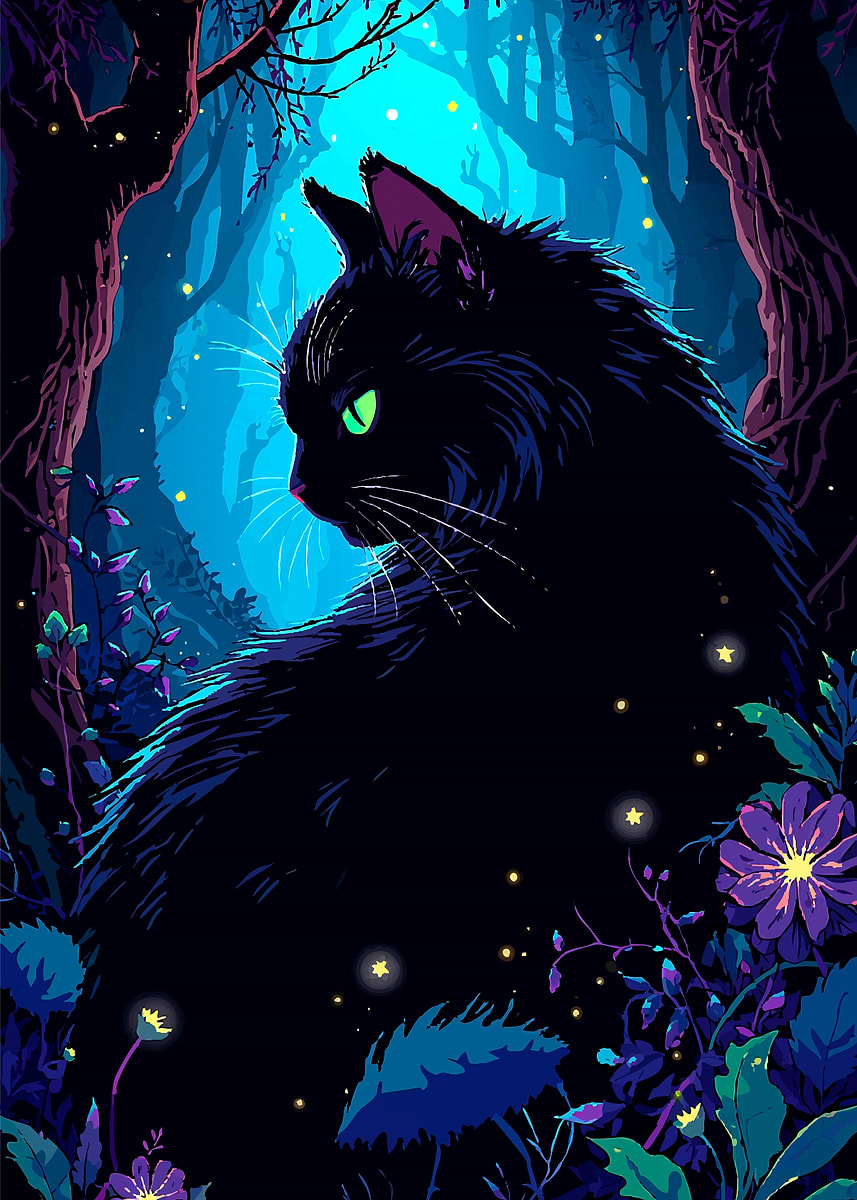 Black Cat in Enchanted Forest' Poster, picture, metal print, paint