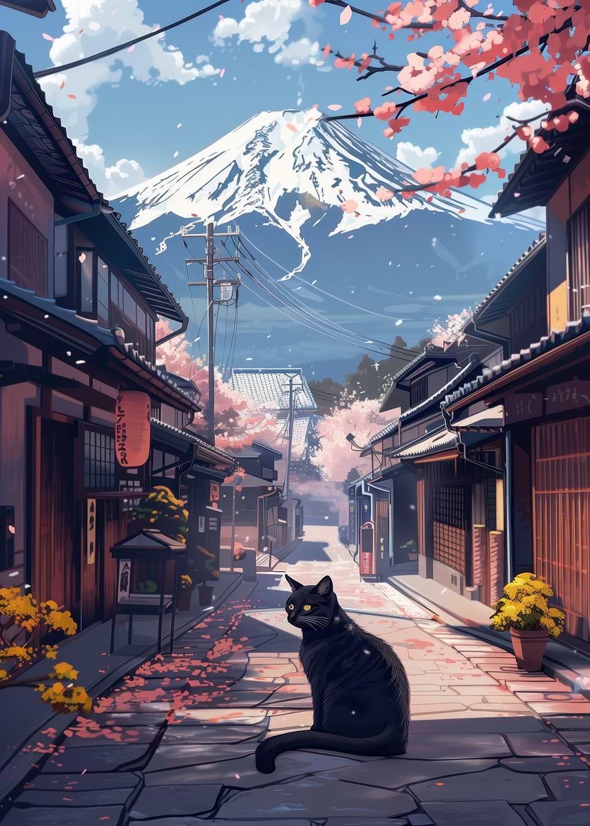Black Cat in Japanese Townscape' Poster, picture, metal print