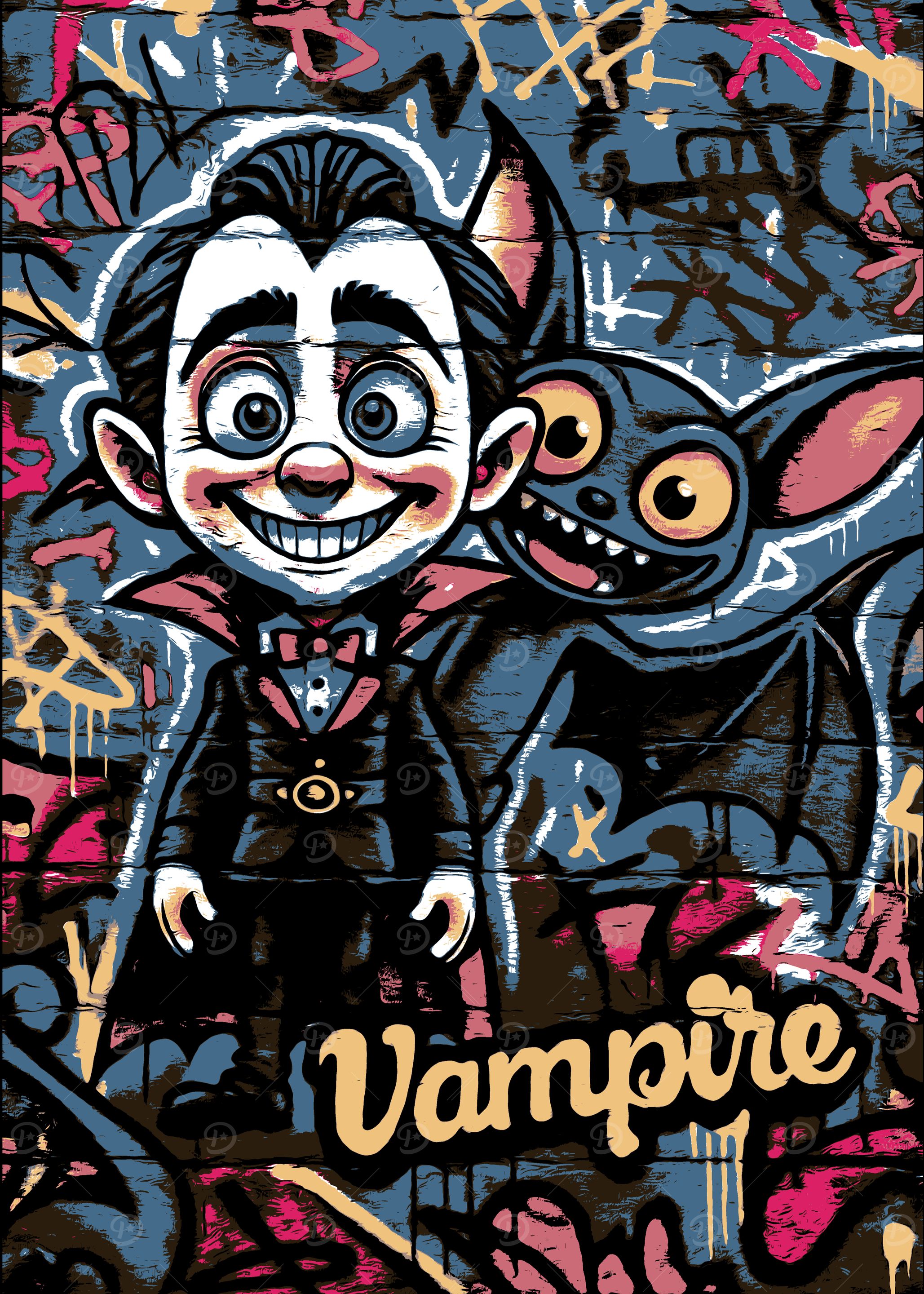 Cartoon Vampire and Bat Graffiti Art' Poster, picture, metal print