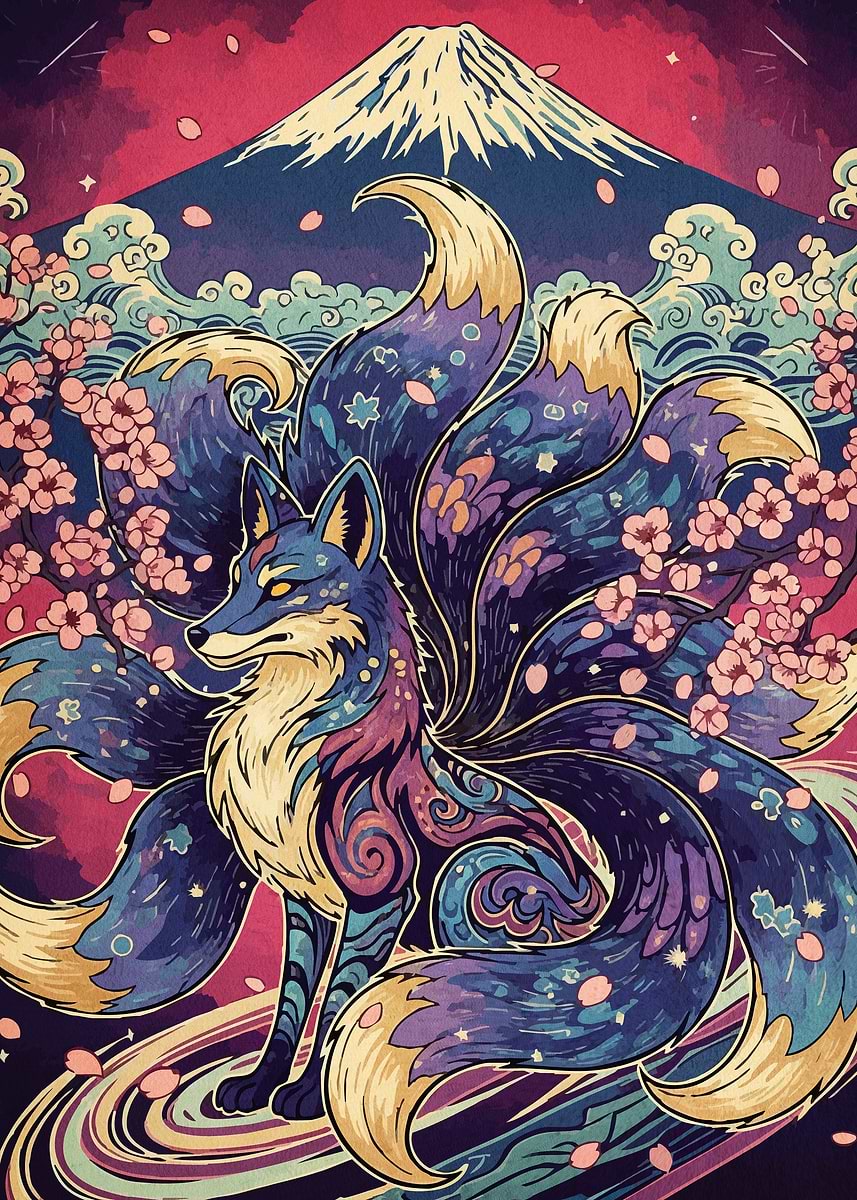 Nine-tailed Fox Mount Fuji' Poster, picture, metal print, paint by