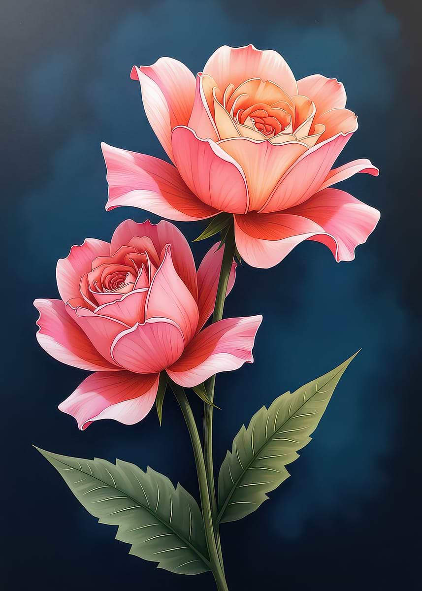 'Two Pink Roses on Dark Background' Poster, picture, metal print, paint ...