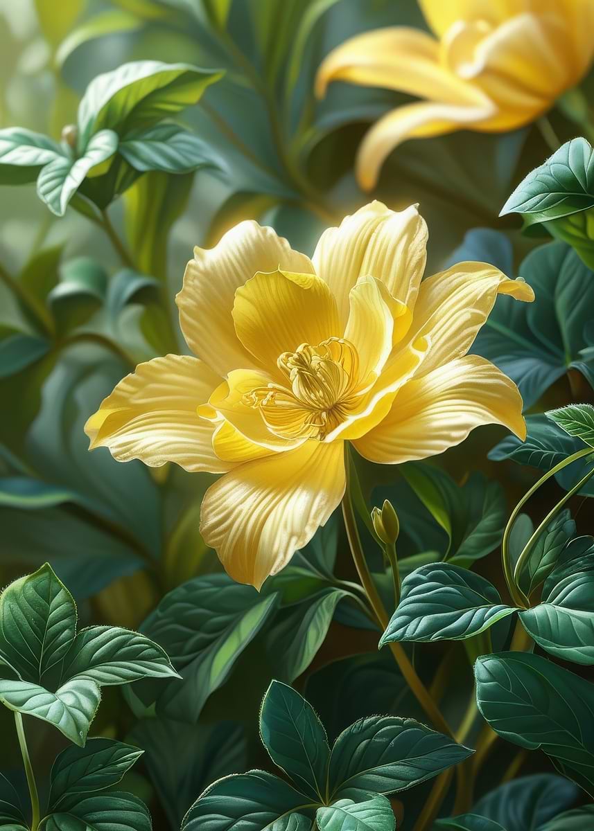 Dpicture 'Yellow Flower Bloom in Lush Foliage' Poster, picture, metal print ...