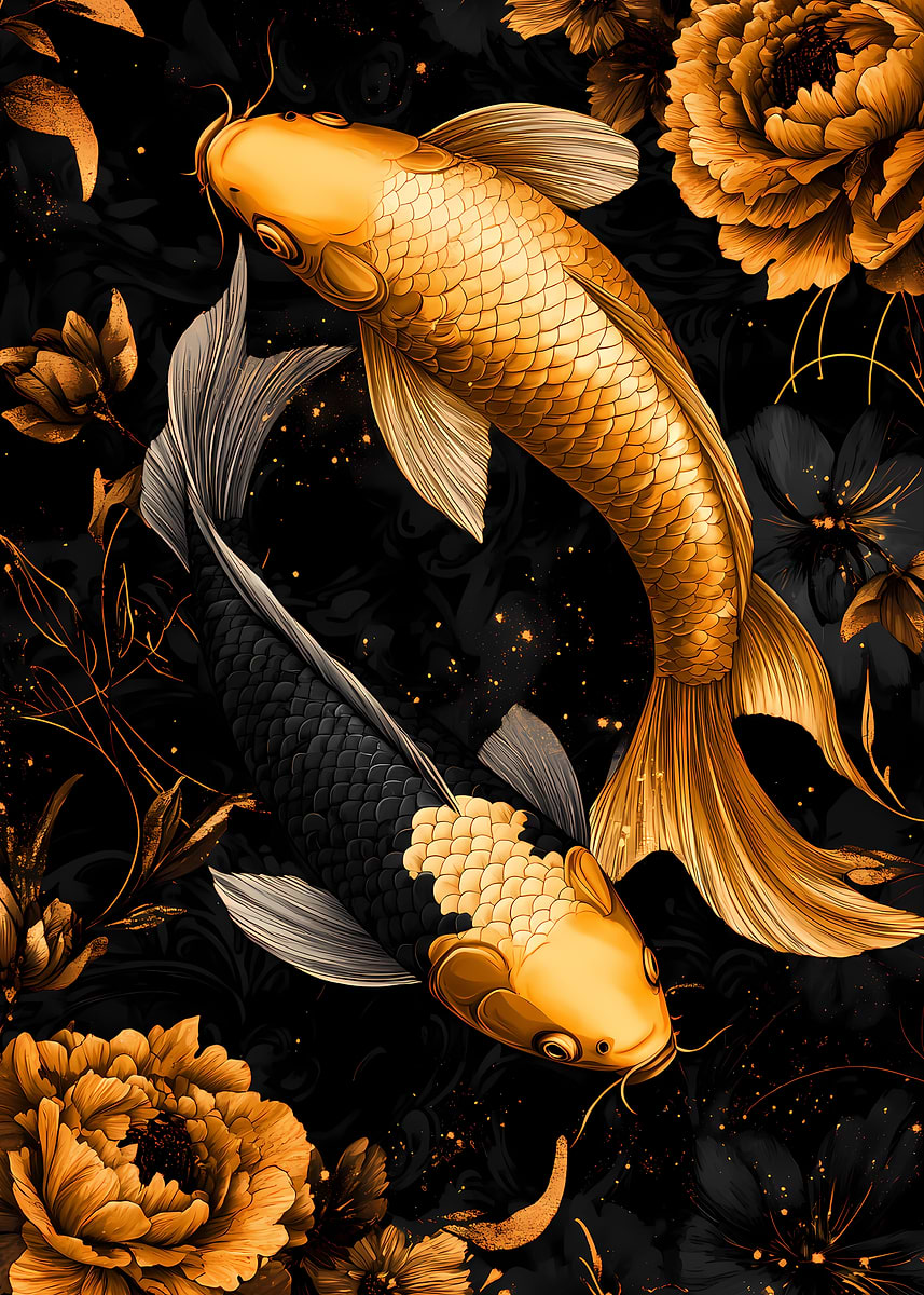 Koi Fish Yin Yang Floral Art' Poster, picture, metal print, paint