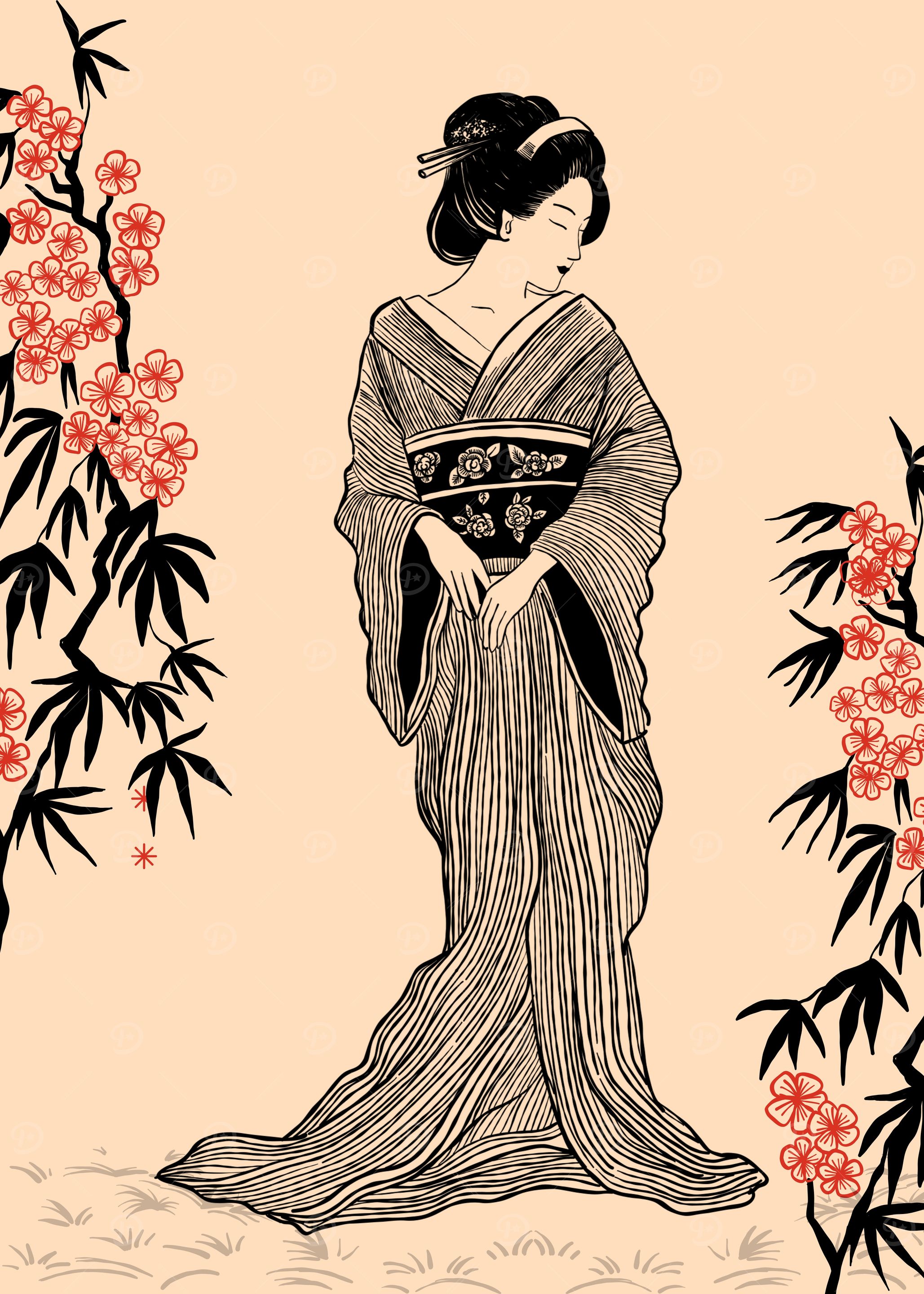 Geisha in Kimono with Cherry Blossoms' Poster, picture, metal