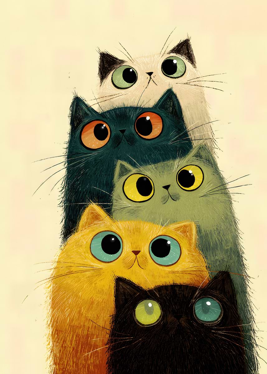 'Stack of Colorful Cartoon Cats' Poster, picture, metal print, paint by ...