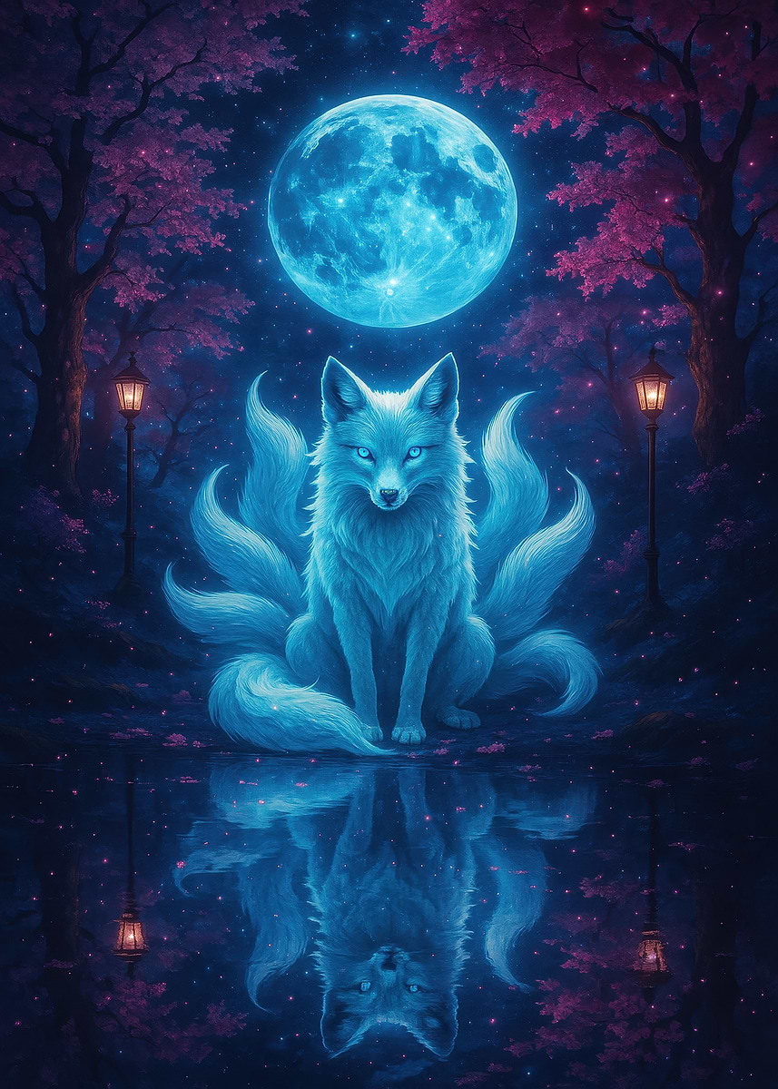 Nine-tailed Fox Under Moonlight' Poster, picture, metal print
