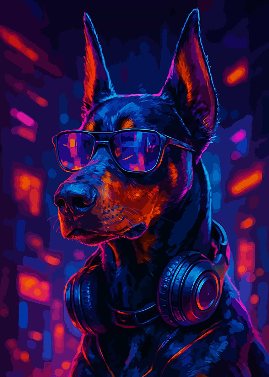 Cool Doberman with Headphones and Glasses' Poster, picture, metal